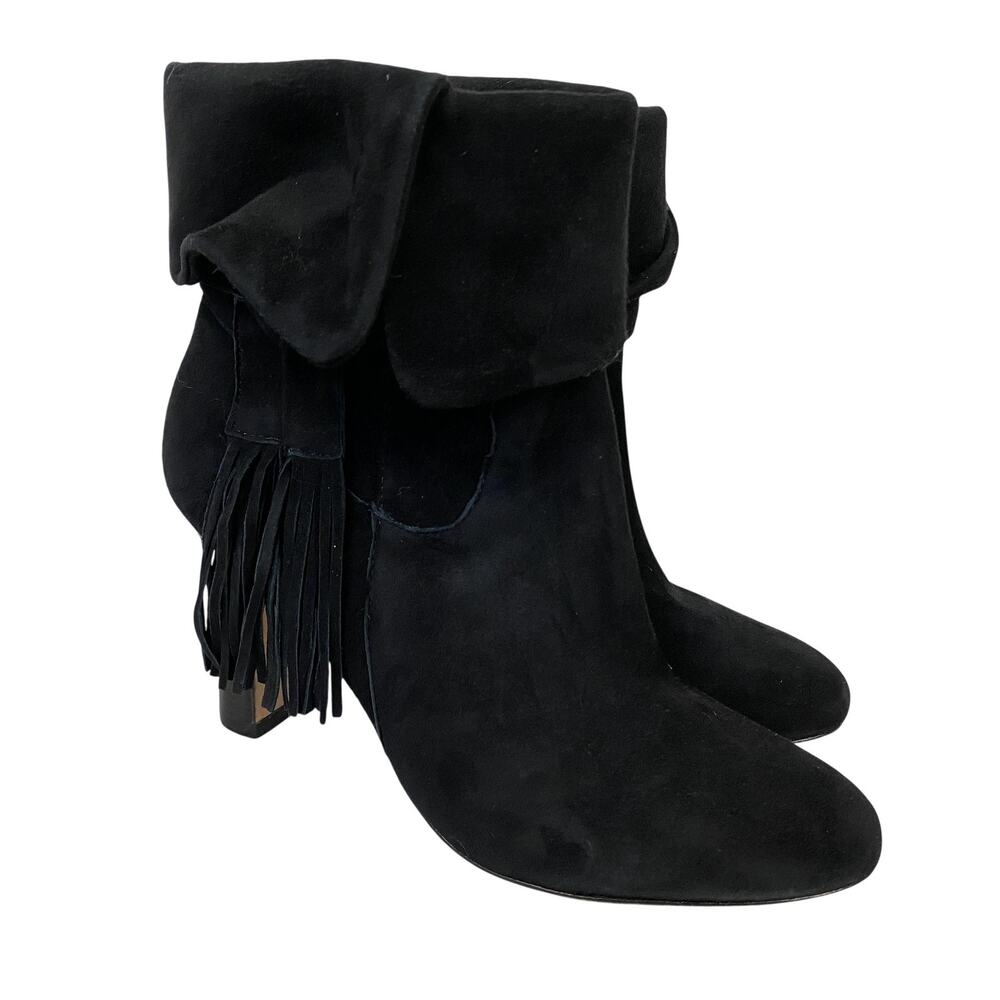 Johnston & Murphy Boots Womens 7.5 Black Suede Fringe Ankle Heel Booties Western